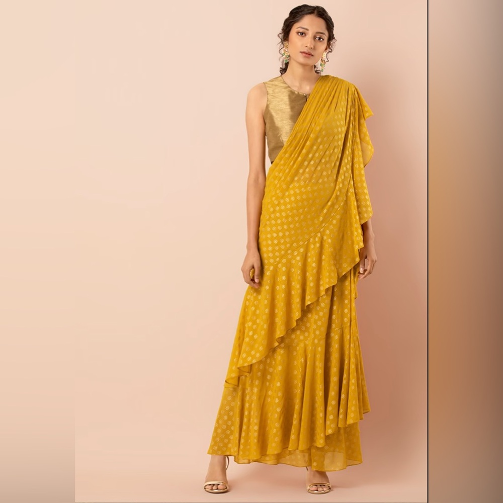 Yellow Foil Ruffled Pre-Stitched Saree (Without Blouse) Size Small - Picture 2 of 6